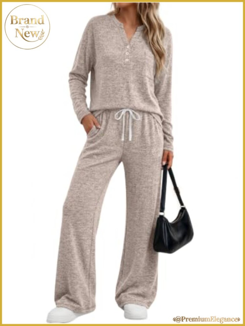 Womens 2 Piece Lounge Set Henley Top Pants Brushed Fleece Travel Outfit